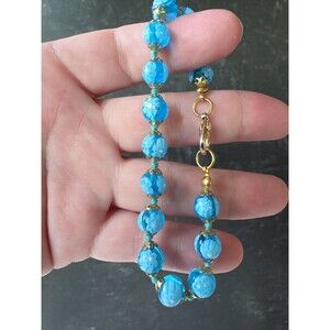 Millefiori Blue & White Glass Beaded Gold Tone Metal Bracelet Vintage